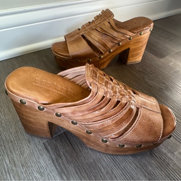 Bed Stu Shantel Platform Chunky Brown Tan Leather Mule Sandal Clogs - Picture 2 of 10